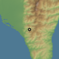 Shaded relief of the 58 km around Chūnrì, drawn from the GMTED2010 grid