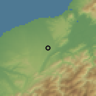 Shaded relief of the 58 km around Bādé, drawn from the GMTED2010 grid