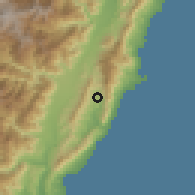 Shaded relief of the 58 km around Dōnghé, drawn from the GMTED2010 grid