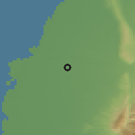 Shaded relief of the 58 km around Èrlún, drawn from the GMTED2010 grid