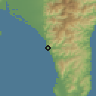 Shaded relief of the 58 km around Fāngshān, drawn from the GMTED2010 grid
