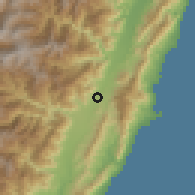 Shaded relief of the 58 km around Fùlĭ, drawn from the GMTED2010 grid