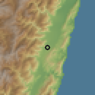Shaded relief of the 58 km around Guāngfù, drawn from the GMTED2010 grid