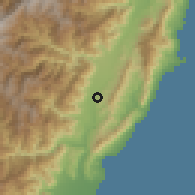 Shaded relief of the 58 km around Guānshān, drawn from the GMTED2010 grid