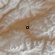Shaded relief of the 54 km around Karakendzha, drawn from the GMTED2010 grid