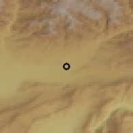 Shaded relief of the 54 km around Kofarnihon, drawn from the GMTED2010 grid