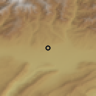 Shaded relief of the 54 km around Sharora, drawn from the GMTED2010 grid