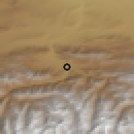 Shaded relief of the 53 km around Vorukh, drawn from the GMTED2010 grid