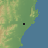 Shaded relief of the 60 km around Kui Buri, drawn from the GMTED2010 grid