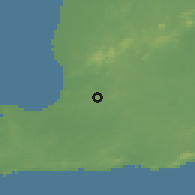 Shaded relief of the 60 km around Princes Town, drawn from the GMTED2010 grid