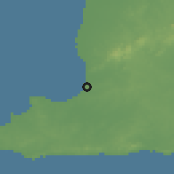 Shaded relief of the 60 km around San Fernando, drawn from the GMTED2010 grid