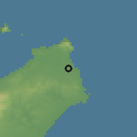 Shaded relief of the 54 km around Dār 'Alūš, drawn from the GMTED2010 grid