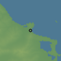 Shaded relief of the 55 km around H̱unays, drawn from the GMTED2010 grid