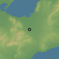Shaded relief of the 54 km around Qurunbālīyah, drawn from the GMTED2010 grid