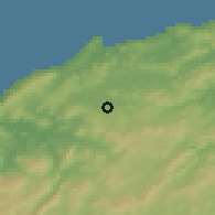 Shaded relief of the 54 km around Sajanān, drawn from the GMTED2010 grid