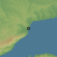 Shaded relief of the 53 km around Barbaros, drawn from the GMTED2010 grid