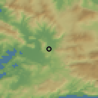 Shaded relief of the 54 km around Beçin, drawn from the GMTED2010 grid