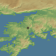Shaded relief of the 54 km around Beldibi, drawn from the GMTED2010 grid