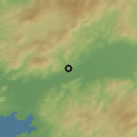 Shaded relief of the 54 km around Bergama, drawn from the GMTED2010 grid