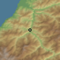 Shaded relief of the 53 km around Borçka, drawn from the GMTED2010 grid