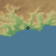Shaded relief of the 55 km around Bozyazı, drawn from the GMTED2010 grid
