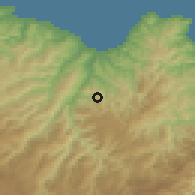 Shaded relief of the 53 km around Çamaş, drawn from the GMTED2010 grid