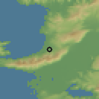 Shaded relief of the 54 km around Davutlar, drawn from the GMTED2010 grid