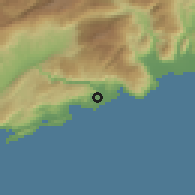 Shaded relief of the 55 km around Demre, drawn from the GMTED2010 grid