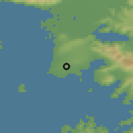 Shaded relief of the 54 km around Didim, drawn from the GMTED2010 grid