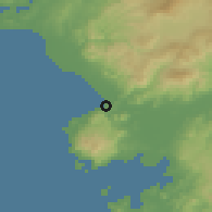 Shaded relief of the 54 km around Dikili, drawn from the GMTED2010 grid