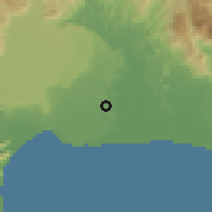 Shaded relief of the 54 km around Aksu, drawn from the GMTED2010 grid
