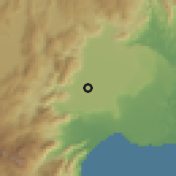 Shaded relief of the 54 km around Döşemealtı, drawn from the GMTED2010 grid