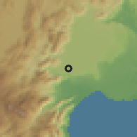 Shaded relief of the 54 km around Düzlerçami, drawn from the GMTED2010 grid