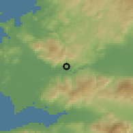 Shaded relief of the 54 km around Görece, drawn from the GMTED2010 grid