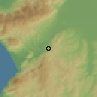 Shaded relief of the 55 km around Harbiye, drawn from the GMTED2010 grid
