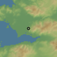 Shaded relief of the 54 km around Harmandalı, drawn from the GMTED2010 grid