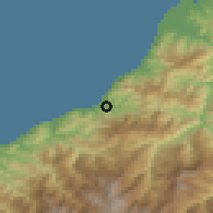 Shaded relief of the 53 km around Hopa, drawn from the GMTED2010 grid
