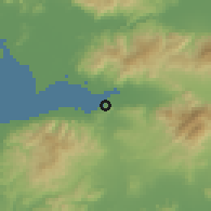 Shaded relief of the 54 km around İzmir, drawn from the GMTED2010 grid