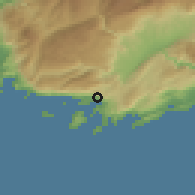 Shaded relief of the 55 km around Kaş, drawn from the GMTED2010 grid