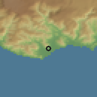 Shaded relief of the 55 km around Anamur, drawn from the GMTED2010 grid