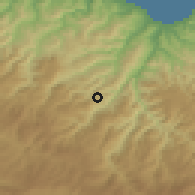 Shaded relief of the 53 km around Korgan, drawn from the GMTED2010 grid