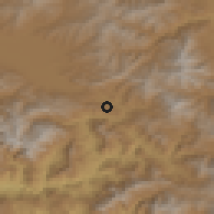 Shaded relief of the 54 km around Korgan, drawn from the GMTED2010 grid