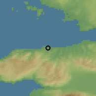 Shaded relief of the 53 km around Koru, drawn from the GMTED2010 grid