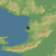 Shaded relief of the 54 km around Kuşadası, drawn from the GMTED2010 grid