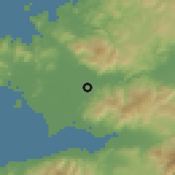 Shaded relief of the 54 km around Menemen, drawn from the GMTED2010 grid