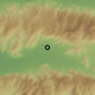 Shaded relief of the 54 km around Ödemiş, drawn from the GMTED2010 grid