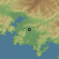 Shaded relief of the 54 km around Ortaca, drawn from the GMTED2010 grid