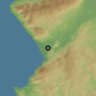 Shaded relief of the 55 km around Samandağ, drawn from the GMTED2010 grid