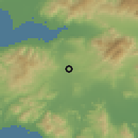 Shaded relief of the 54 km around Sarnıç, drawn from the GMTED2010 grid