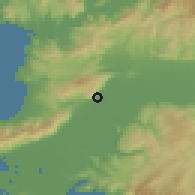 Shaded relief of the 54 km around Sazlı, drawn from the GMTED2010 grid